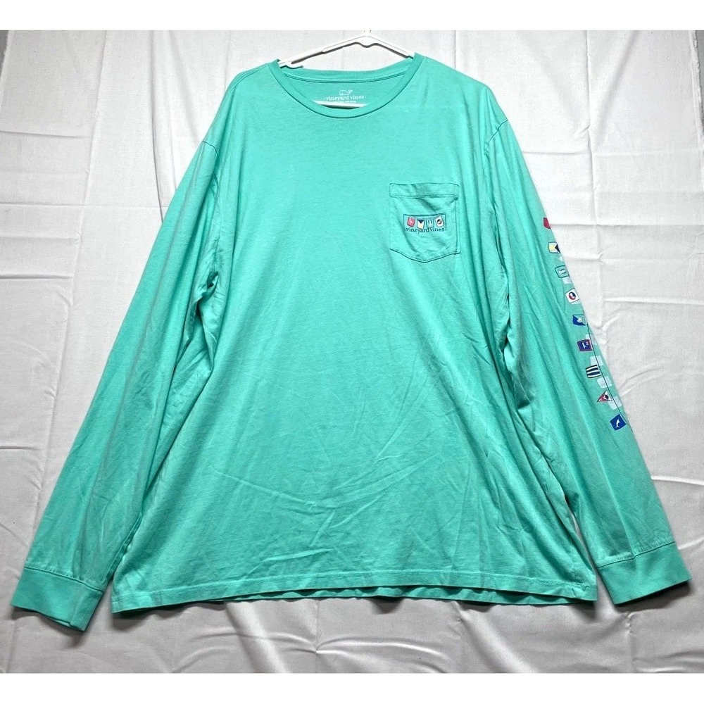 Vineyard Vines Shirt Men XL Aqua Blue Cotton Graphic Print Crew Neck Long Sleeve